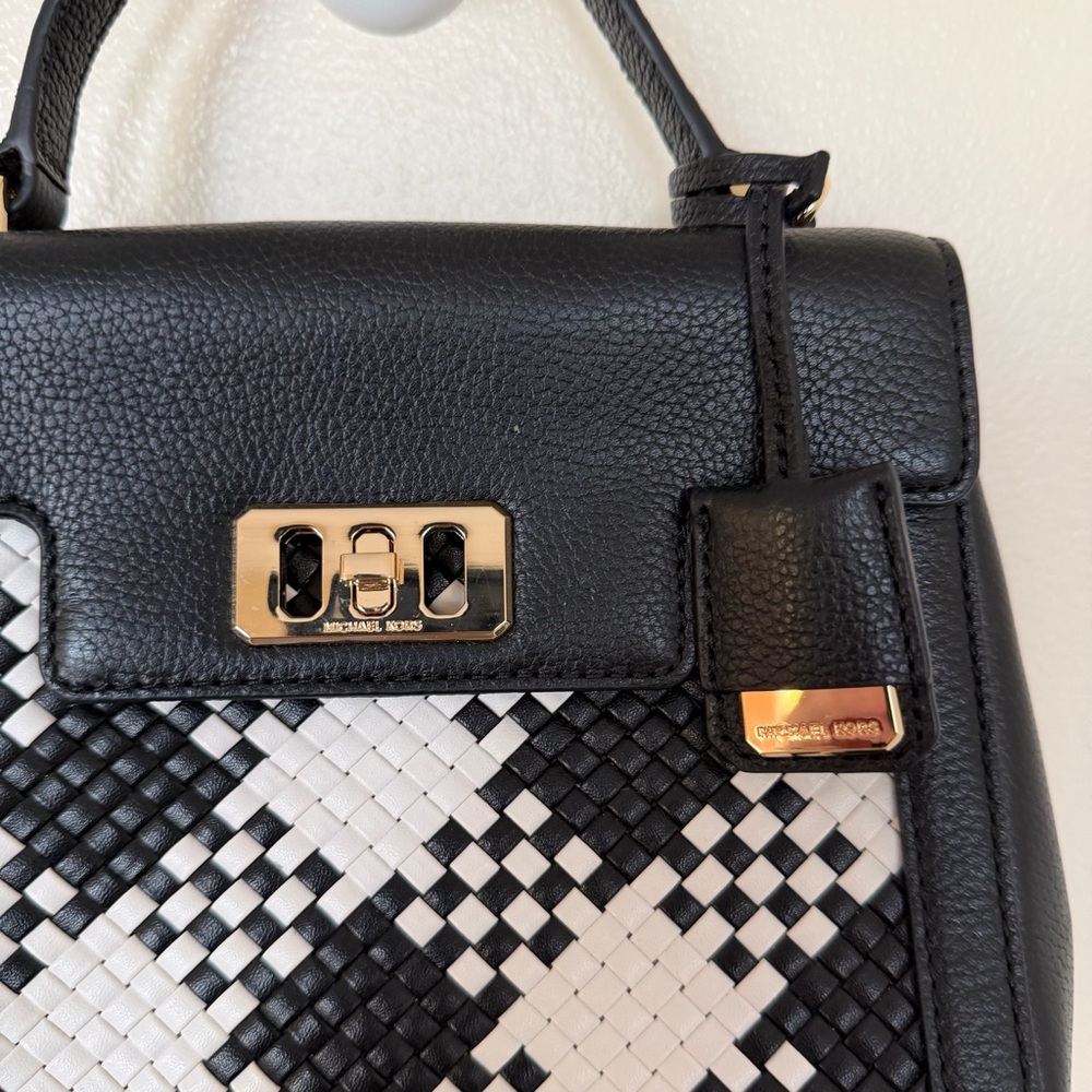 MICHAEL KORS Women's Karson Mini Leather Satchel Optic White Black - Picture 2 of 10